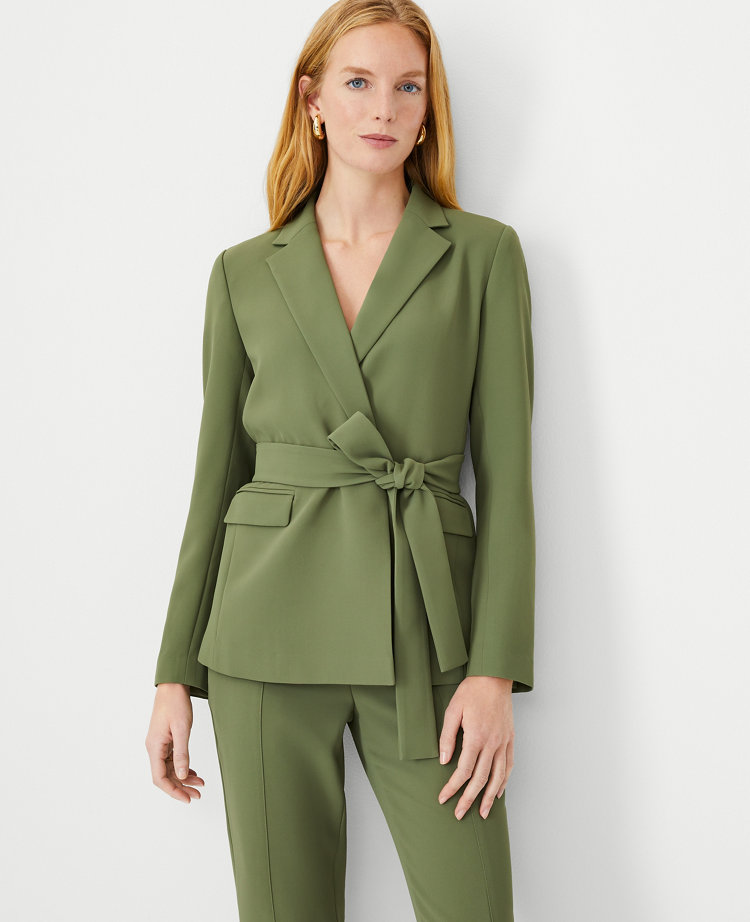 The Petite Belted Blazer in Crepe - Green Kalamata