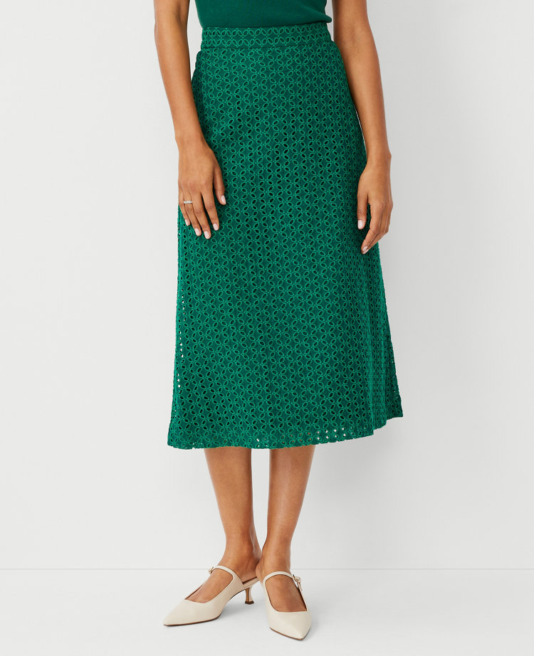 Ann Taylor Petite Eyelet A-Line Midi Skirt Fresh Evergreen Women's