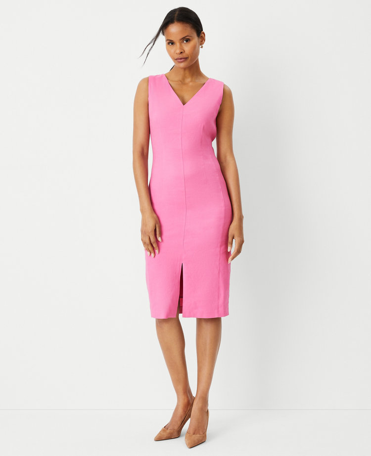 The Seamed V-Neck Sheath Dress in Linen Blend