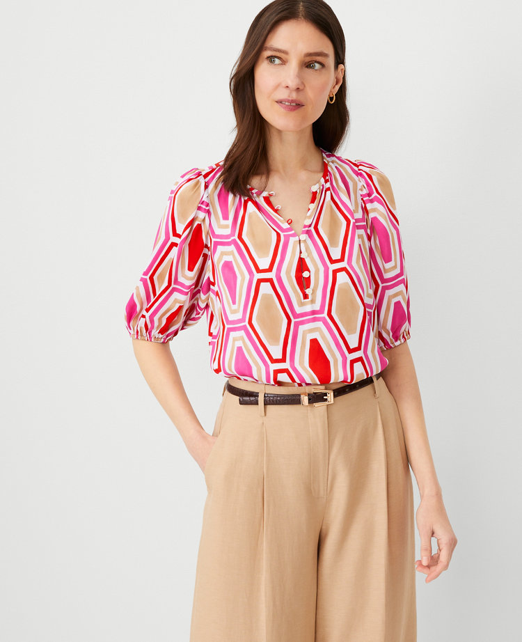 Ann Taylor Geo Button Popover Top Bold Pink Women's