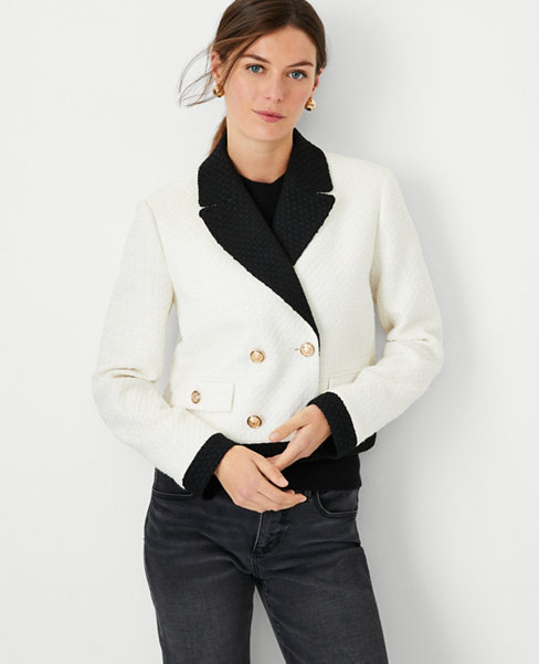 The Petite Blocked Cropped Double Breasted Blazer in Tweed
