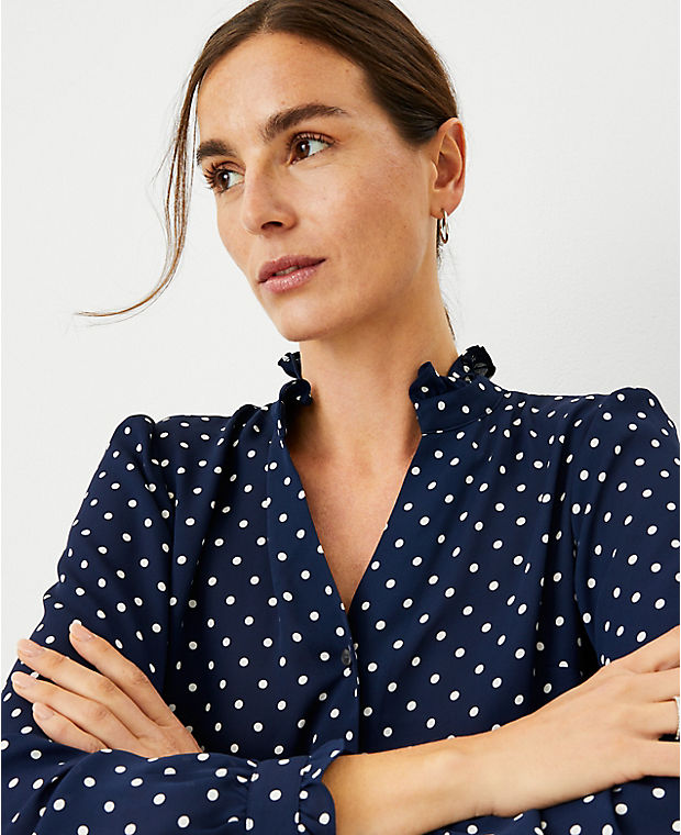 Dotted Ruffle Button Top