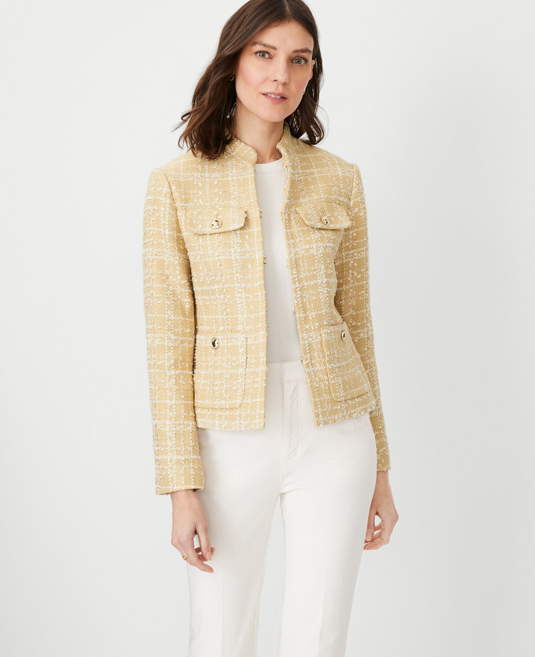 Faux leather + cropped tweed; Chanel-style jacket for petites