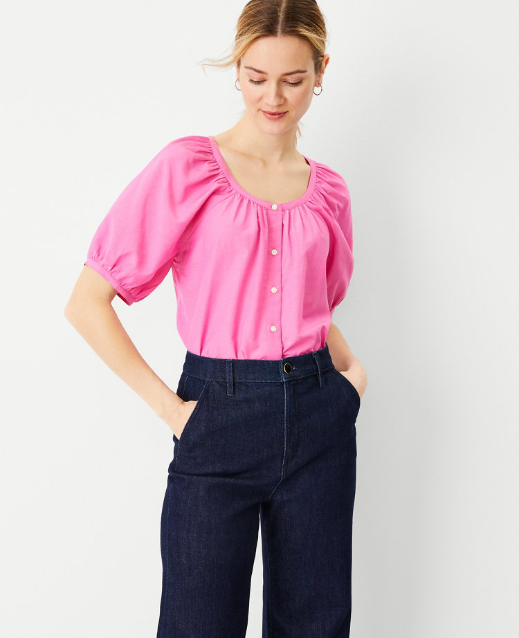 Blouson Sleeve Button Top - Valentine Pink