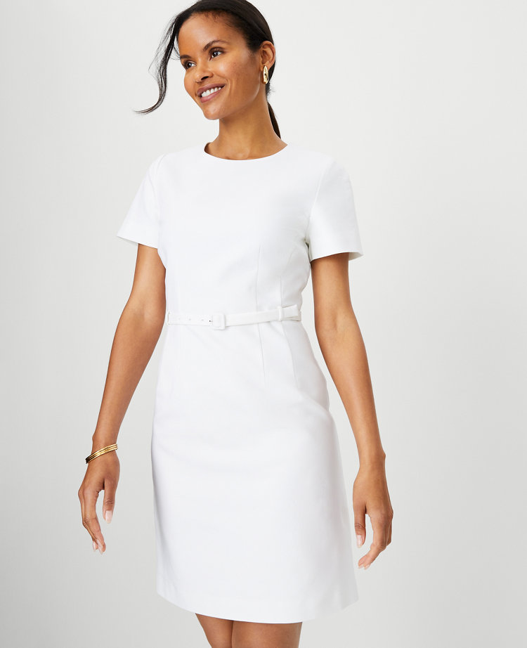 Ann Taylor The Petite Short Sleeve Belted A-Line Dress White Women's