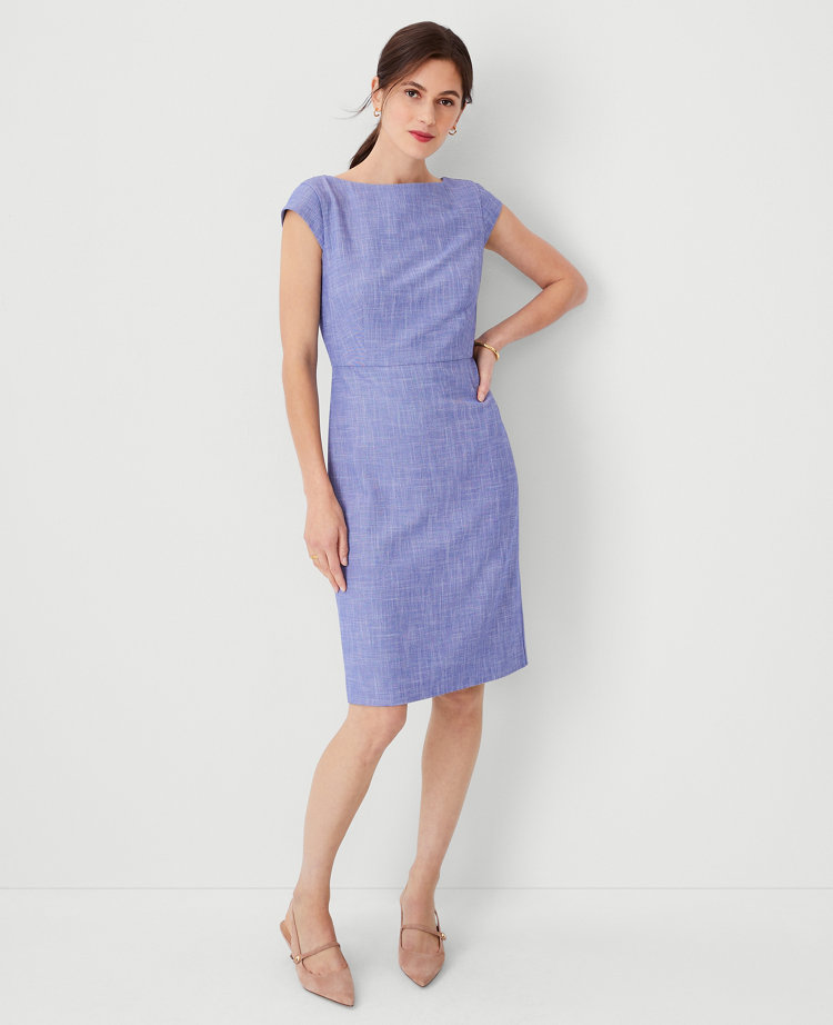 The Petite Boatneck Cap Sleeve Sheath Dress in Cross Weave