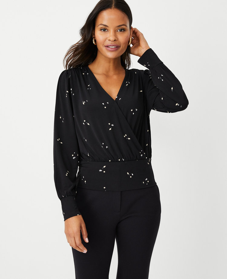 Ann Taylor Petaled Blouson Shirred Wrap Top Black Women's