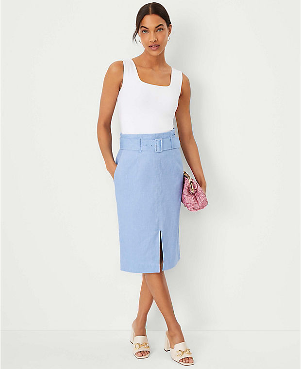 Chambray Linen Blend Belted Front Slit Pencil Skirt