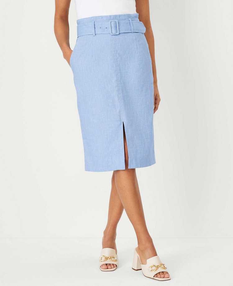 Chambray Linen Blend Belted Front Slit Pencil Skirt