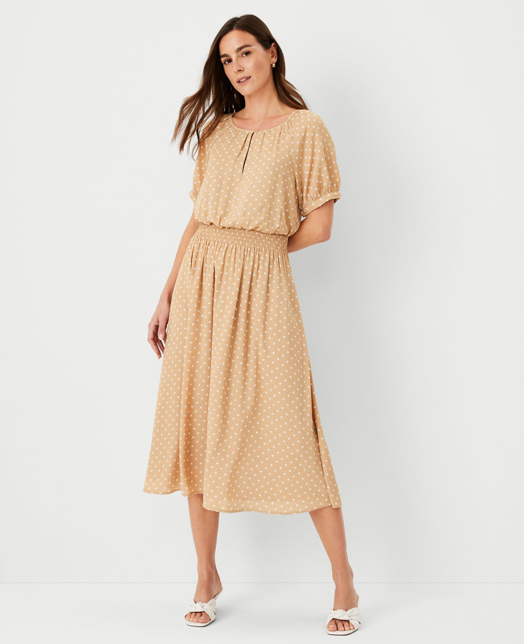 Smocked Raglan Sleeve Flare Midi Dress