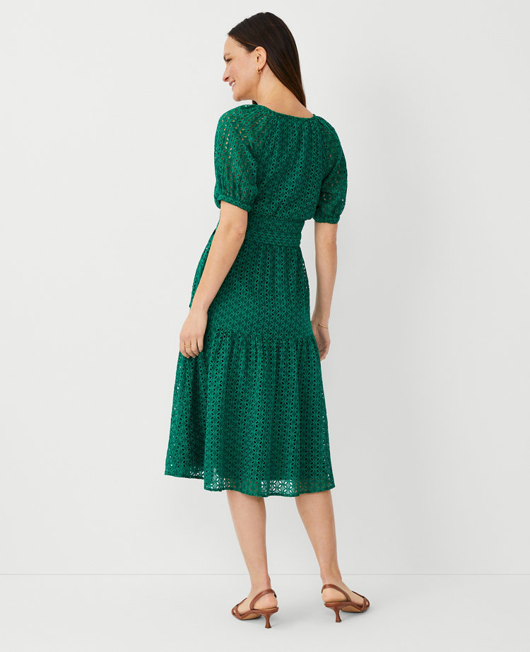 Eyelet Puff Sleeve Flare Dress