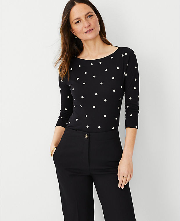 Dotted Pima Cotton 3/4 Sleeve Boatneck Top