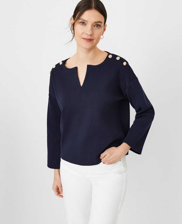 Ann Taylor Petite Split Neck Shoulder Button Popover Top Night Sky Women's