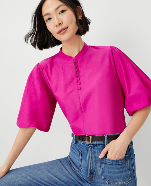 Ann Taylor Cotton Blend Pleated Sleeve Popover Top