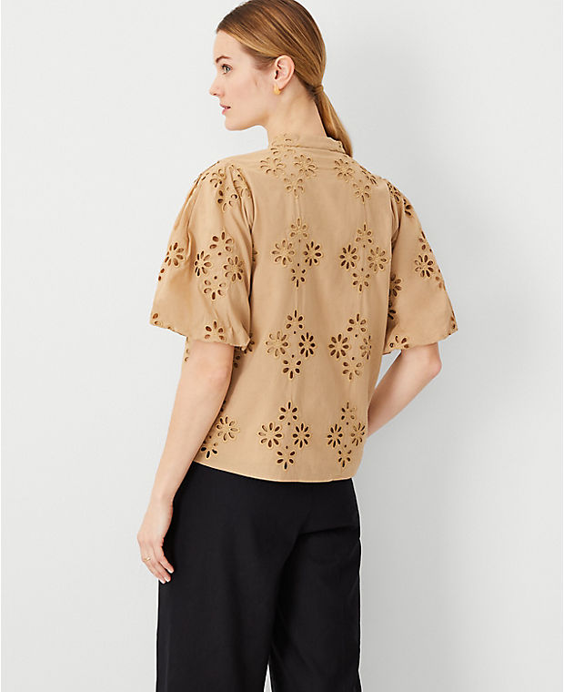 Cotton Eyelet Pleated Sleeve Popover