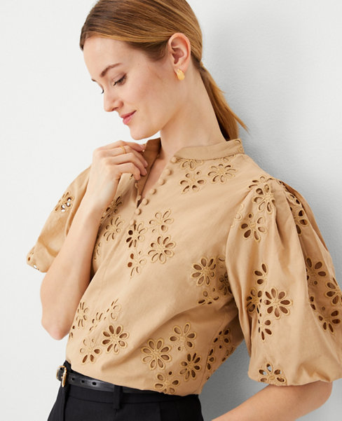 Cotton Eyelet Pleated Sleeve Popover