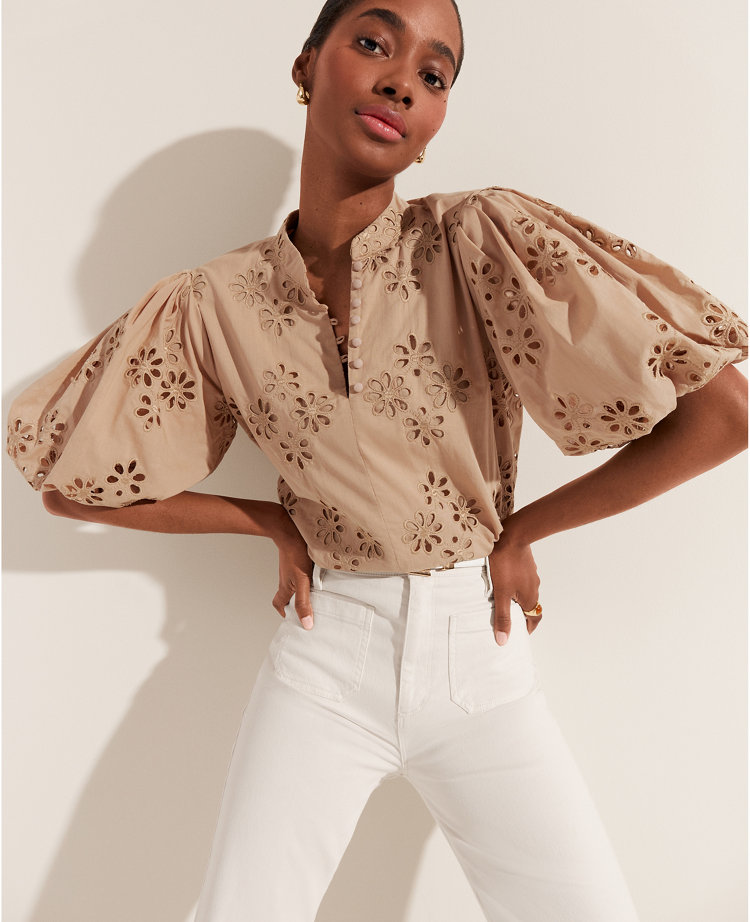 Cotton Eyelet Pleated Sleeve Popover