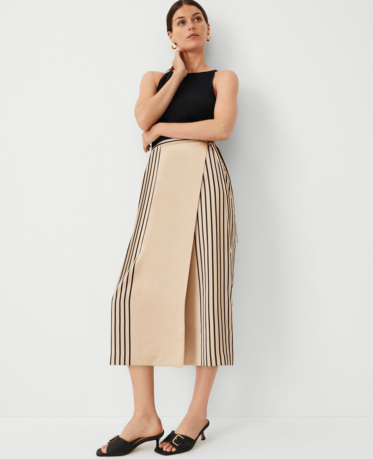 Ann Taylor Striped Wrap Column Skirt Toasted Oat Women's