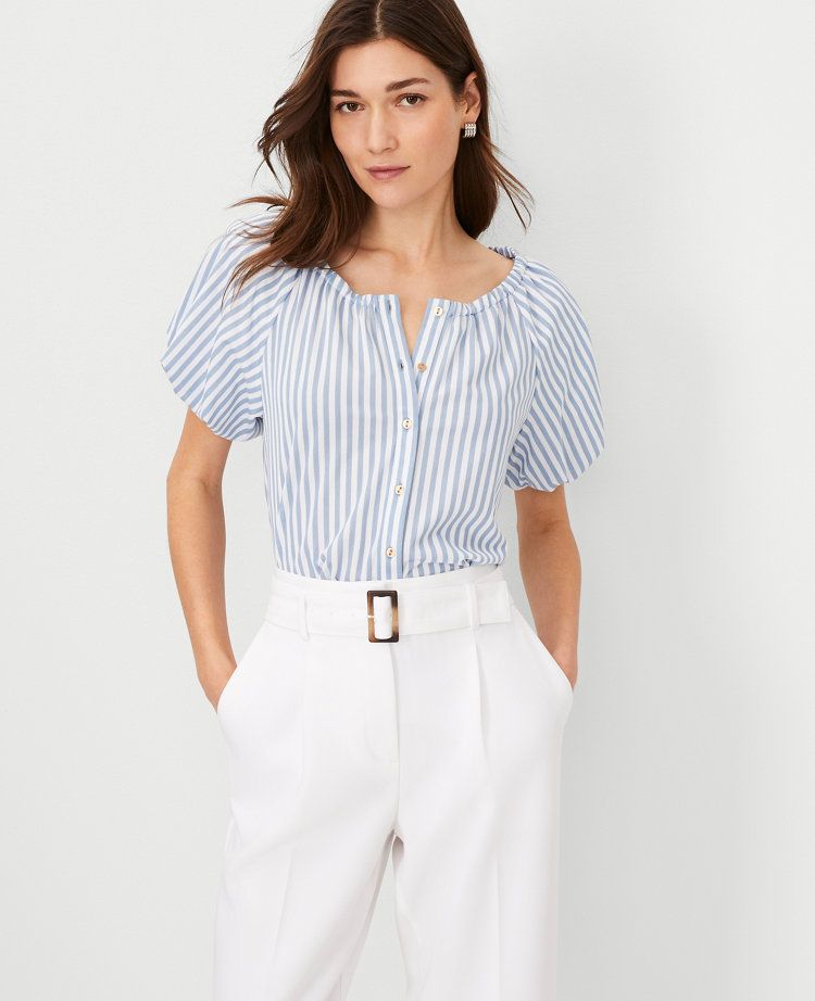 Ann Taylor Striped Bubble Sleeve Button Top