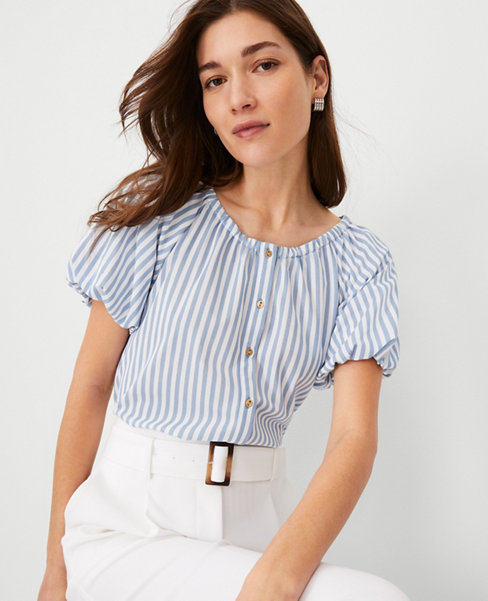 Striped Bubble Sleeve Button Top
