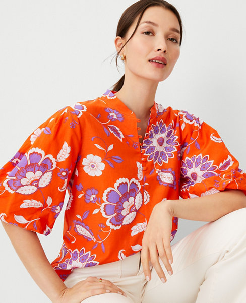 Floral Cotton Blend Pleated Sleeve Popover