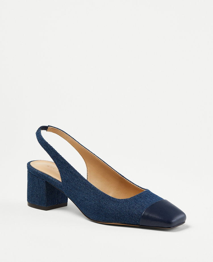 Denim Cap Toe Block Heel Slingback Pumps