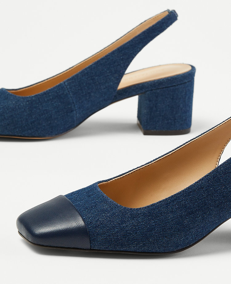 Denim Cap Toe Block Heel Slingback Pumps