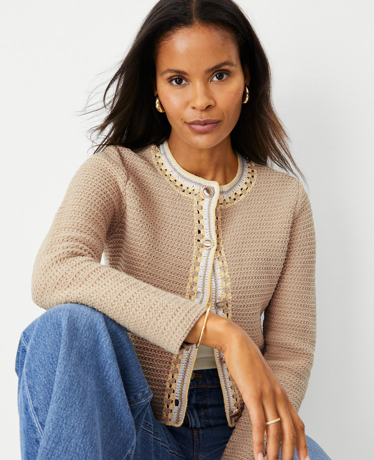 Ann Taylor Petite Crochet Trim Jacket Size Small Camel Combo Women's