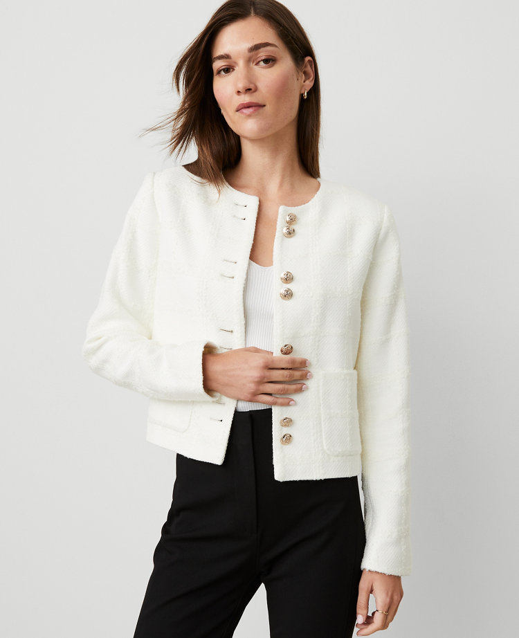 Ann Taylor Double Button Jacket Boucle Tweed Winter White Women's