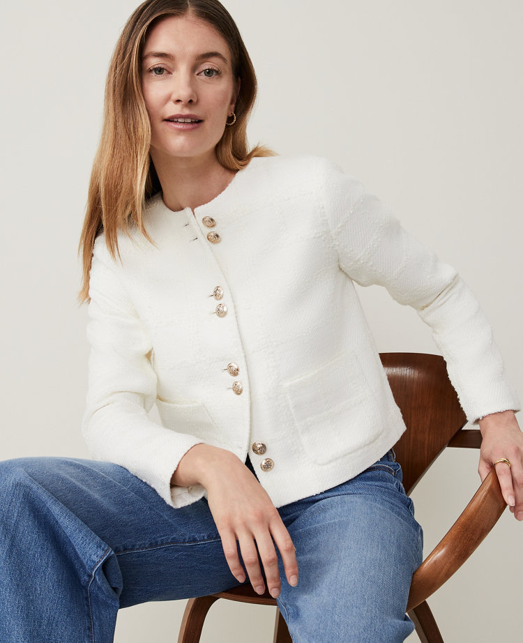 Ann Taylor Double Button Jacket Boucle Tweed Winter White Women's