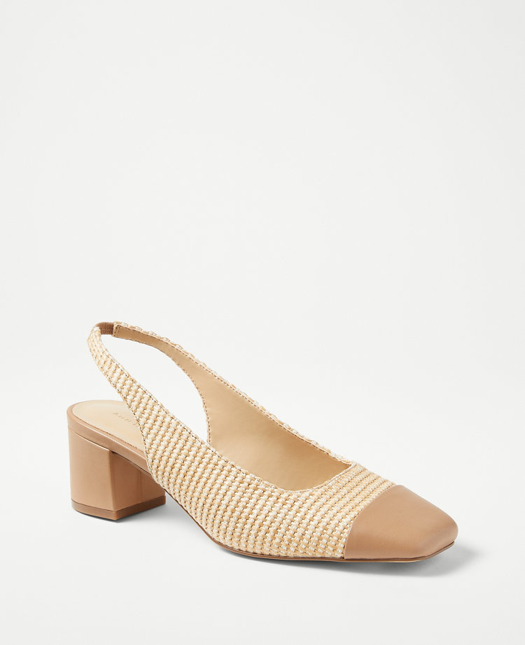 Straw Cap Toe Block Heel Slingback Pumps