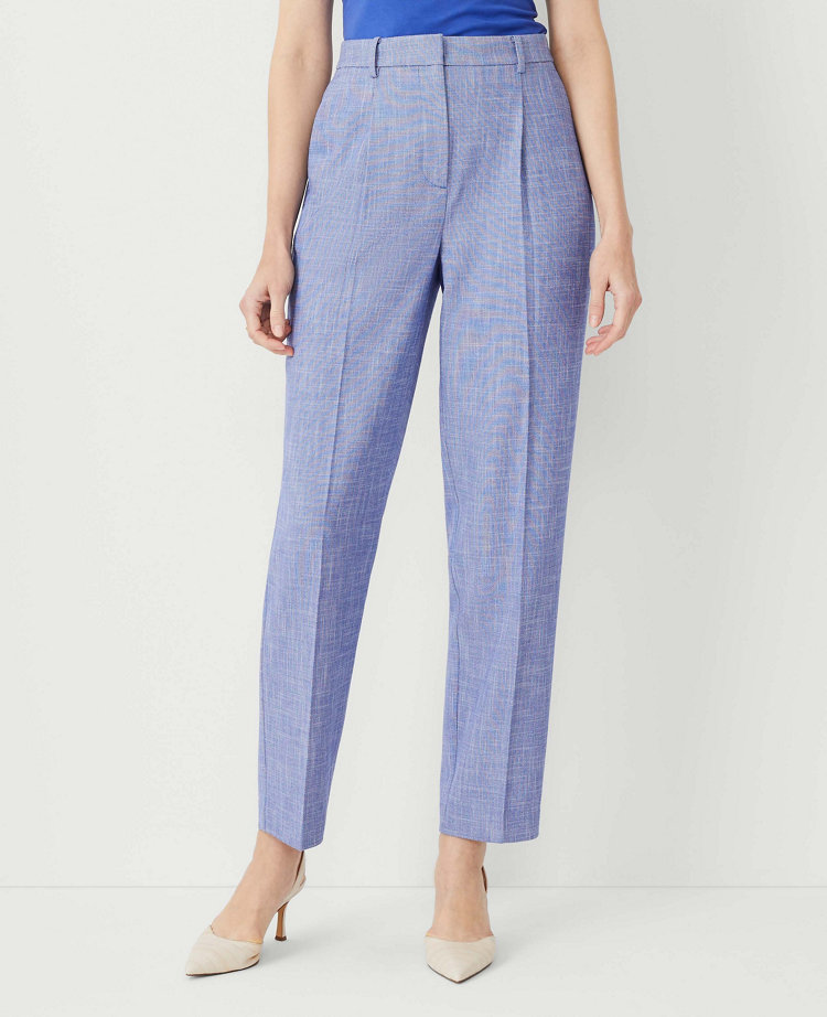 Ann Taylor The Petite High Rise Pleated Taper Pant Cross Weave Azurine Blue Women's