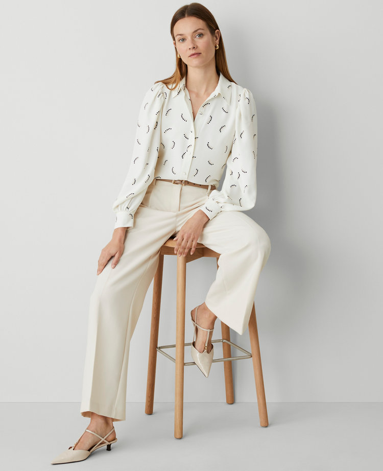 Ann Taylor Vines Collared Puff Sleeve Shirt Winter White Women's