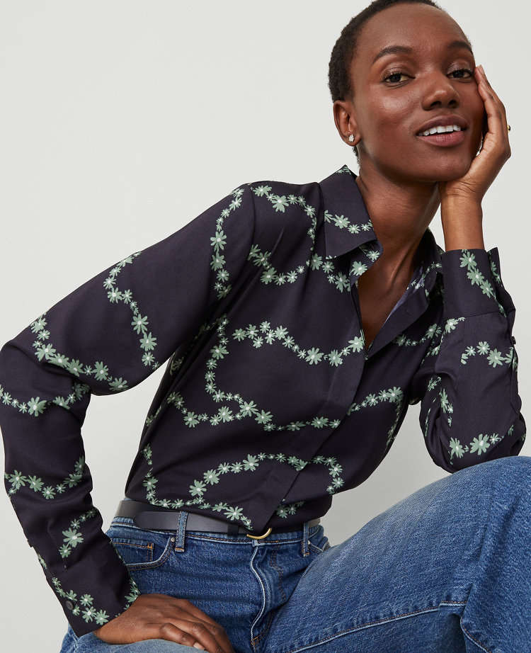 New Ann Taylor Blouse Navy Leaf Silk