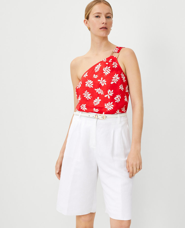 Leafed Linen Blend Ruched One Shoulder Top