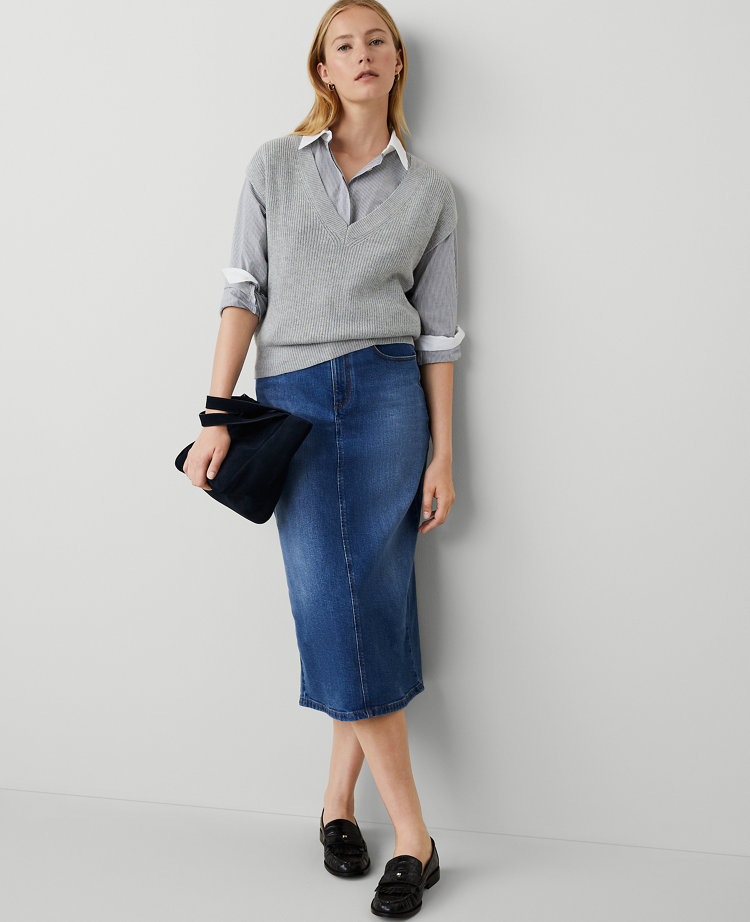 Ann Taylor Ribbed V-neck Sweater Vest In Pebble Grey Heather