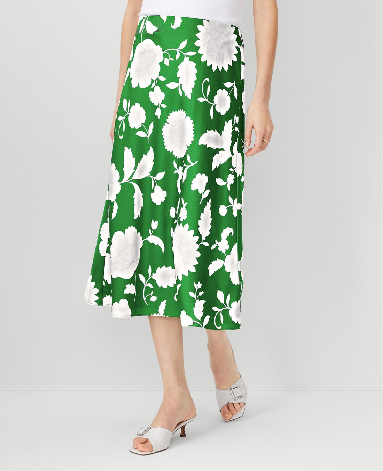 Ann Taylor Petite Floral Bias Midi Slip Skirt Jolly Green Women's