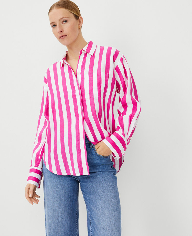 Ann Taylor Striped Linen Oversized Shirt Bold Pink Women's