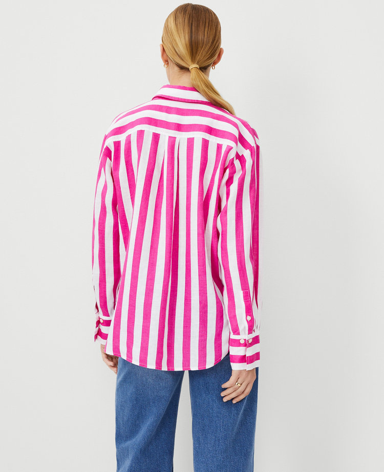 Ann Taylor Striped Linen Oversized Shirt Bold Pink Women's