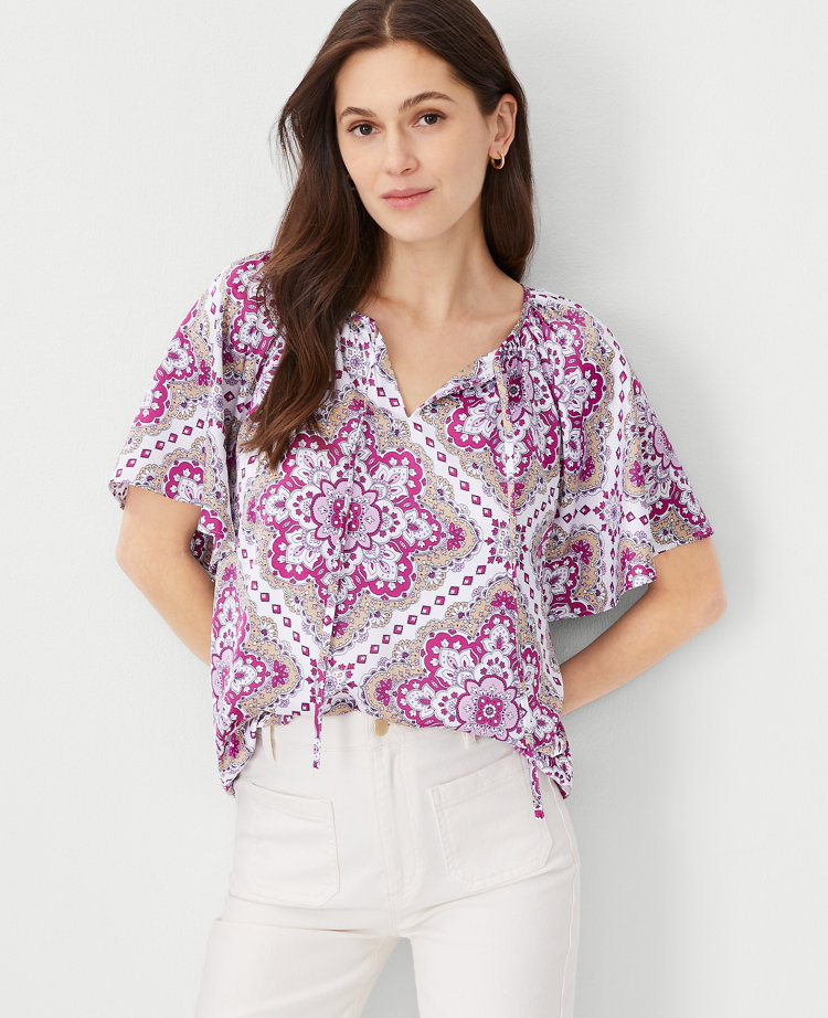 Ann Taylor Tile Flounce Sleeve Popover Top Magenta Shadow Women's