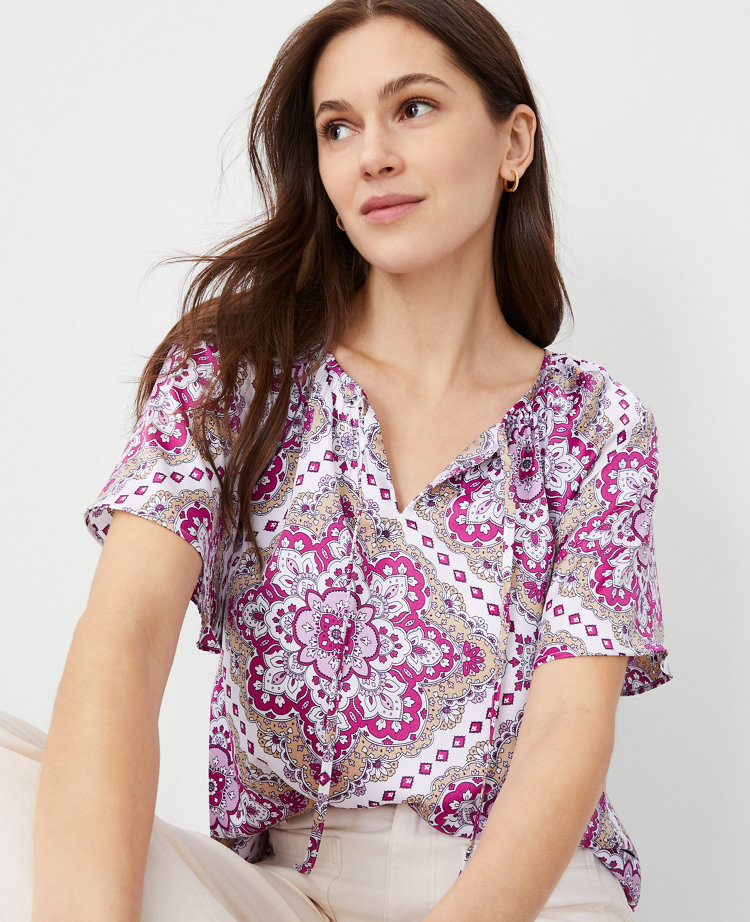 Ann Taylor Tile Flounce Sleeve Popover Top