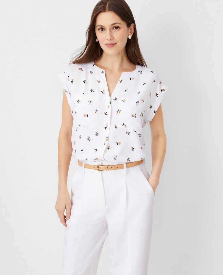 Floral Split Neck Pocket Button Down Top