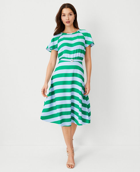 Petite Striped Belted Flare Dress