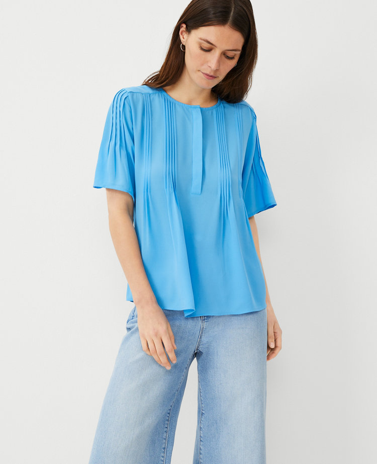 Ann Taylor Mixed Media Pintucked Blouse Size XS Cerulean Blue Women's