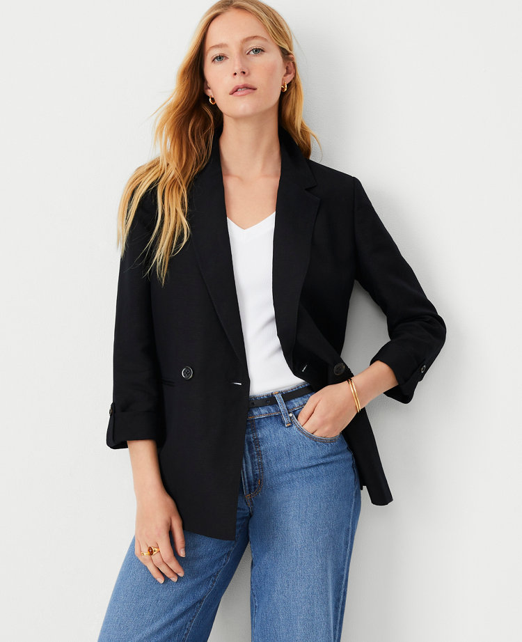 Ann Taylor Petite AT Weekend Linen Blend Roll Sleeve Relaxed Blazer Black Women's