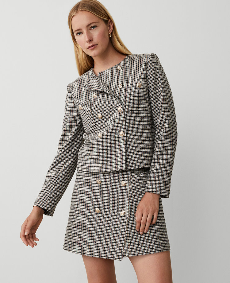Ann Taylor Checked Double Breasted Patch Pocket Jacket