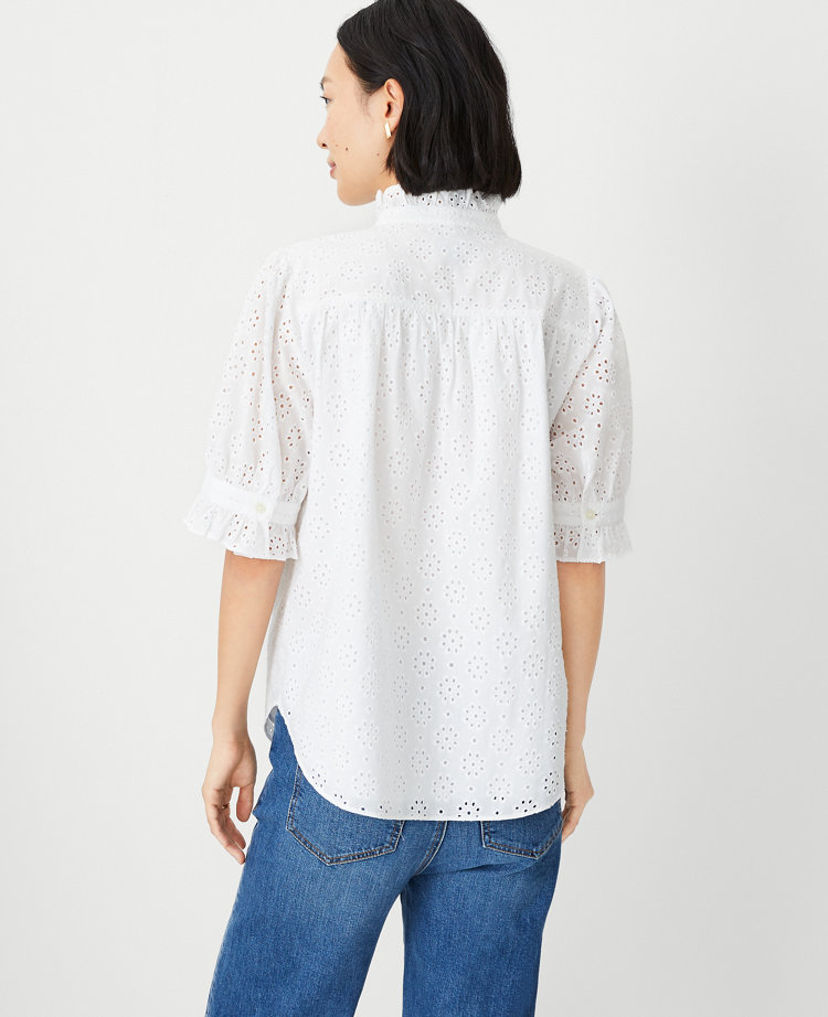 Ann Taylor Cotton Eyelet Ruffle Button Top White Women's