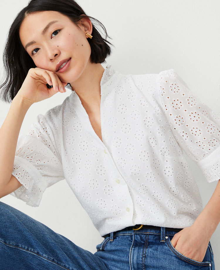 Ann Taylor Cotton Eyelet Ruffle Button Top