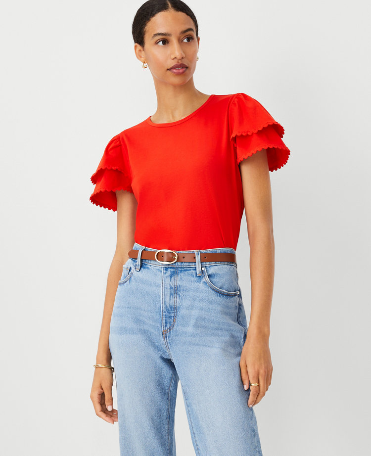 Ann Taylor Ric Rac Trim Pima Cotton T-Shirt Fiery Red Women's