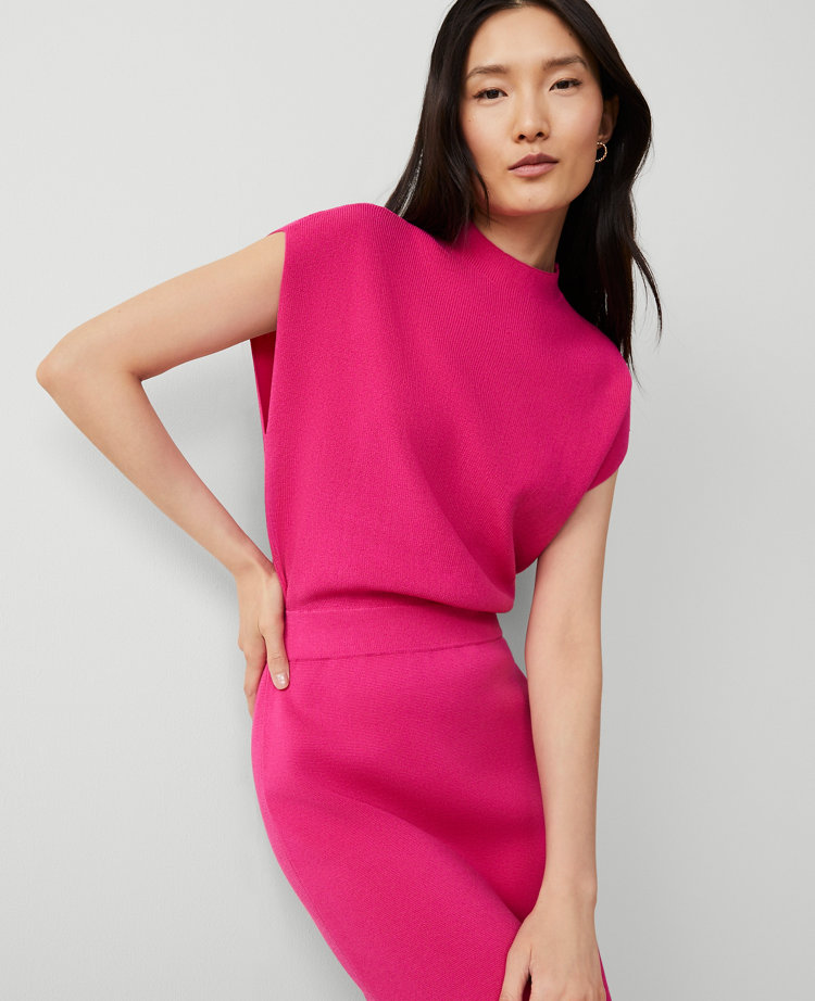 Ann Taylor Ribbed Blouson Sweater Dress Hot Pink Poppy Women's